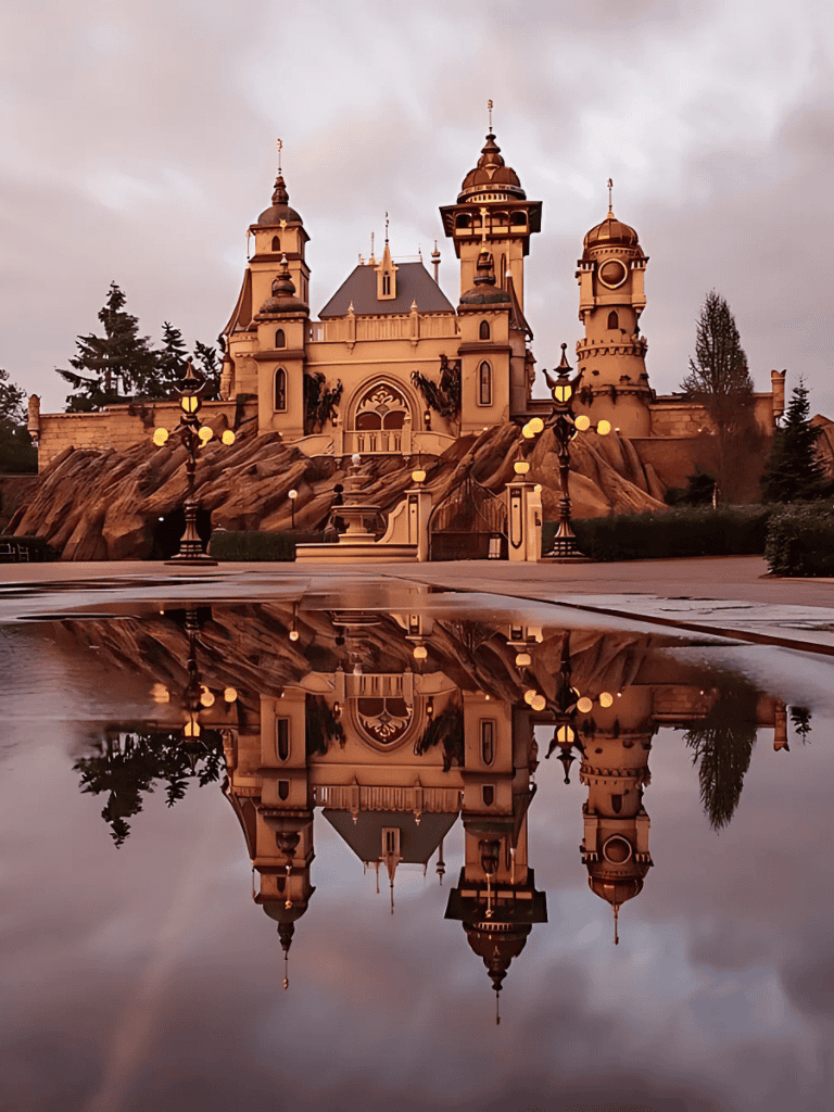 Fairytale castle with reflection on wet ground, enchanting destination, Disney-themed attraction, QuestForDirections.