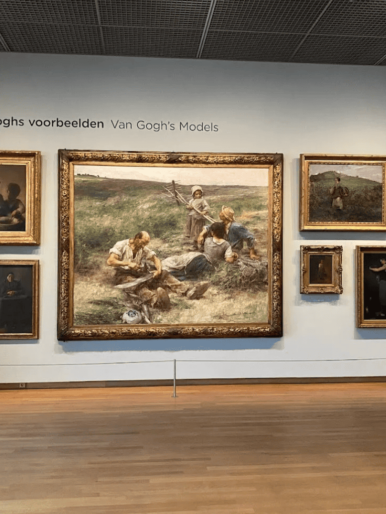 Vivid painting of people working in a rural landscape at an art museum.