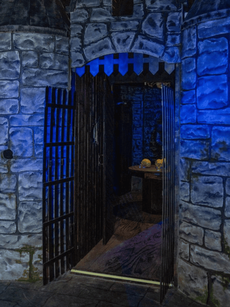 Dark castle-themed entrance with wrought iron gate and stone walls, immersive medieval ambiance for adventure and escape rooms.