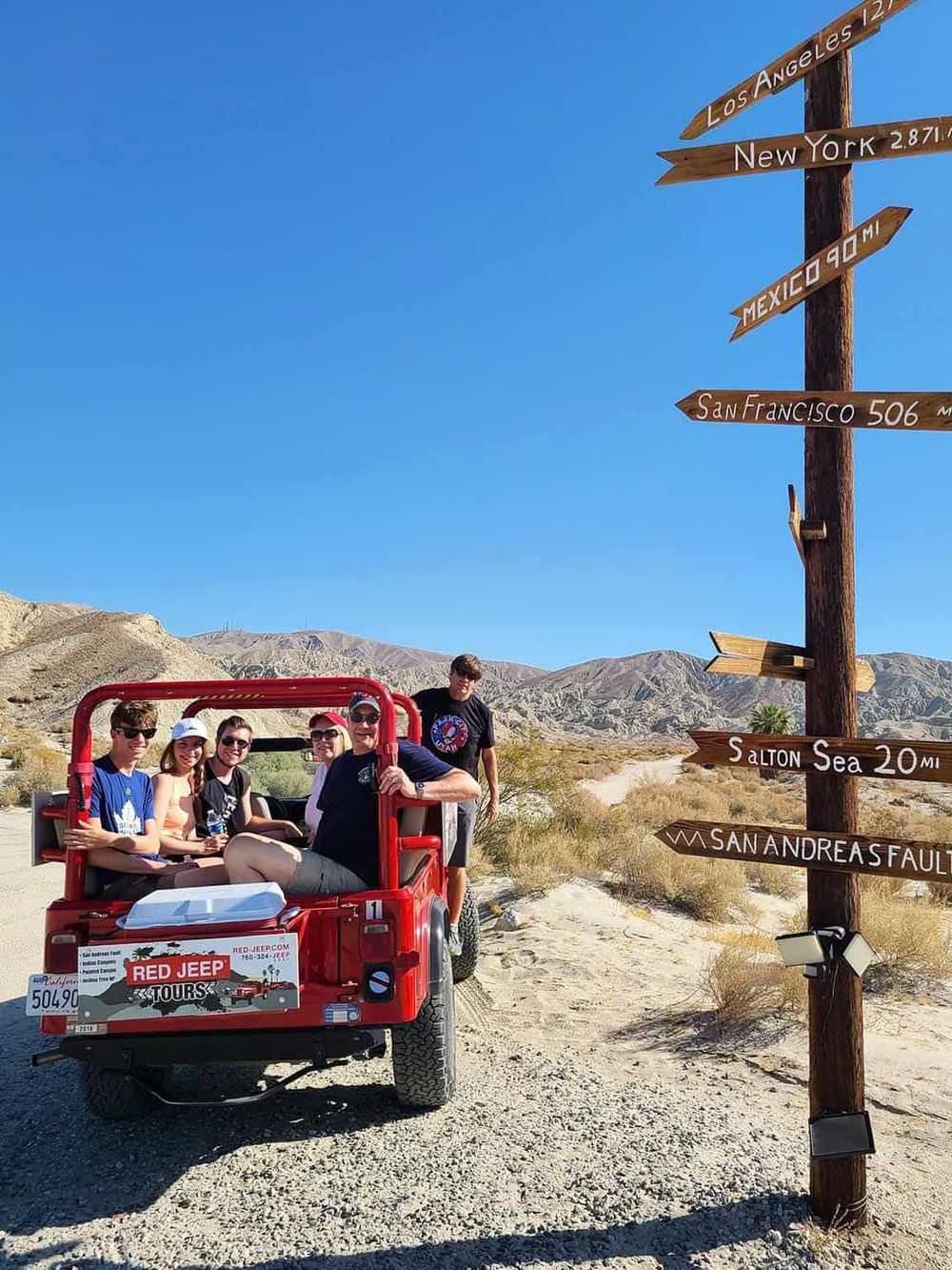 1. Off-road desert adventure with a group in a red Jeep in the Mojave Desert.