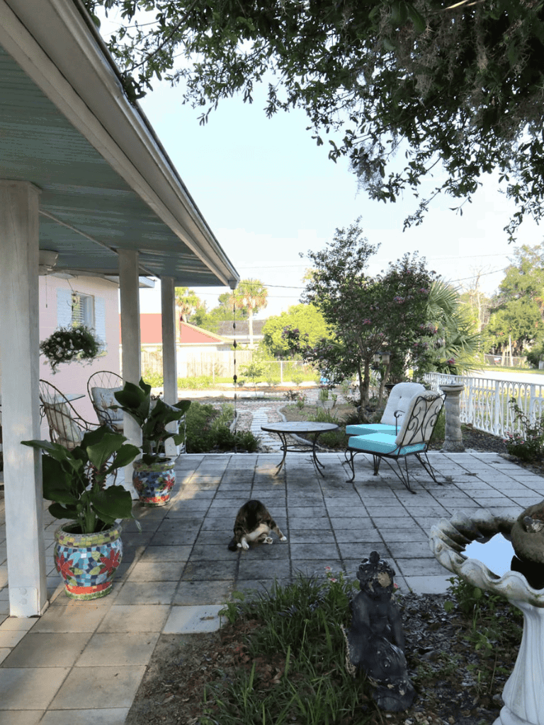 Birdbath garden decor for outdoor patio relaxing backyard setting.