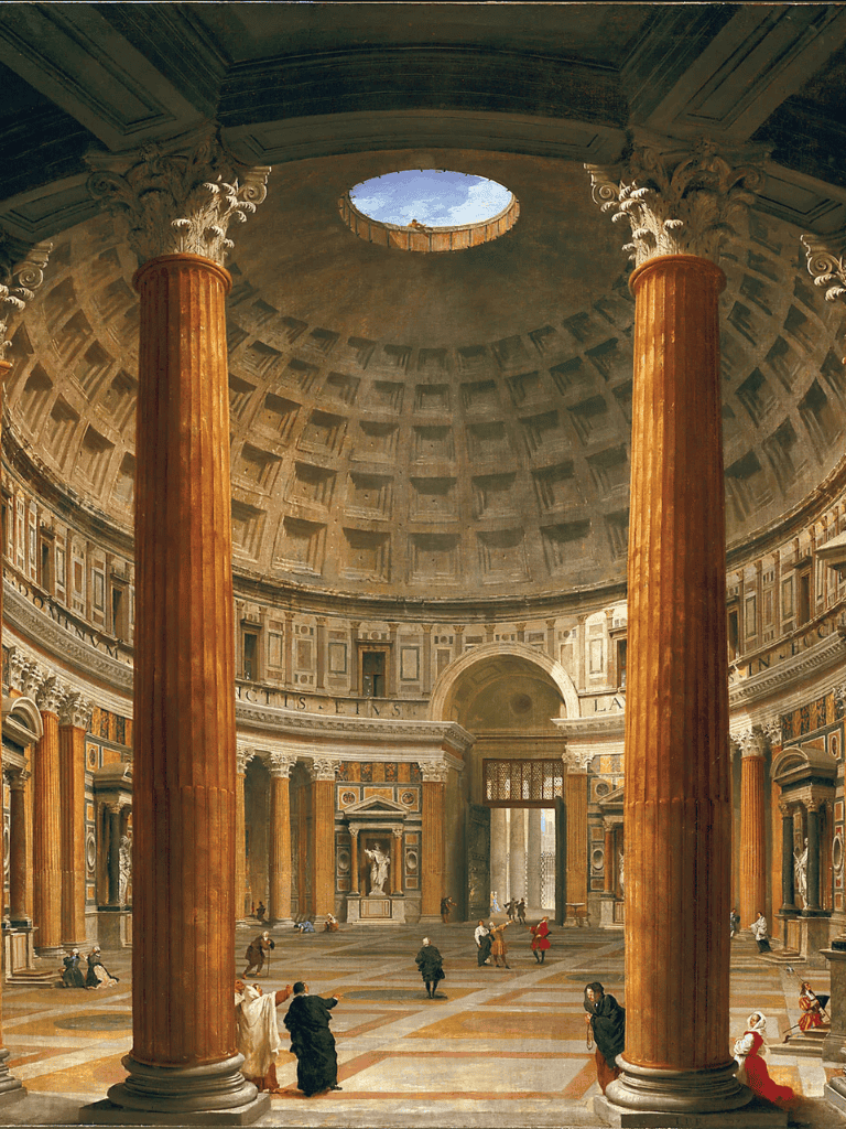 Majestic Roman Pantheon interior with grand columns and coffered dome, historical architecture, and ancient Roman design.