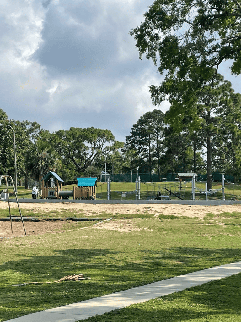 Playground equipment and lush green park with trees and cloudy sky in the background.
