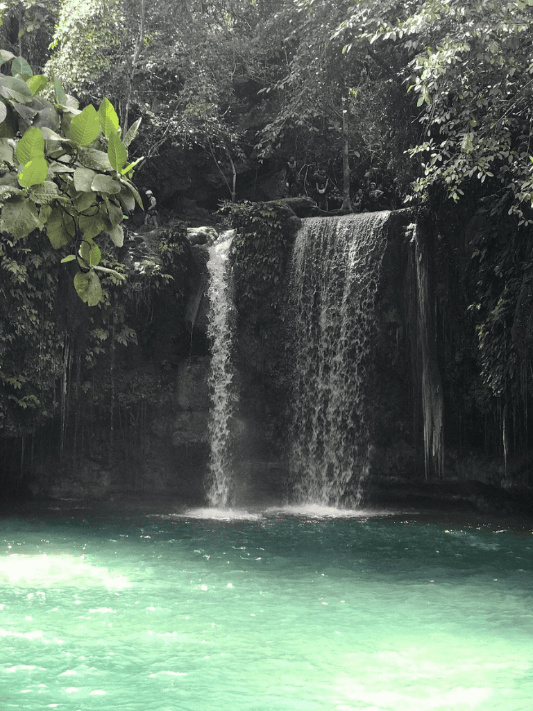 Serene jungle waterfall flowing into emerald pool, surrounded by lush tropical foliage.