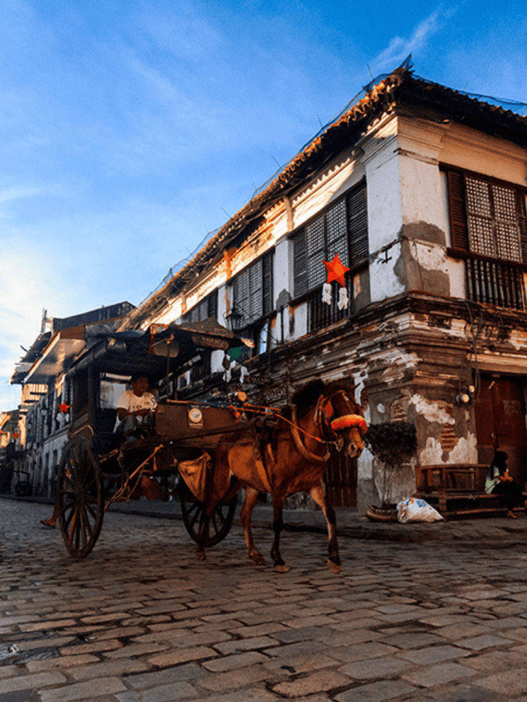 Horse-drawn carriage on an old city street with historic buildings at sunset.