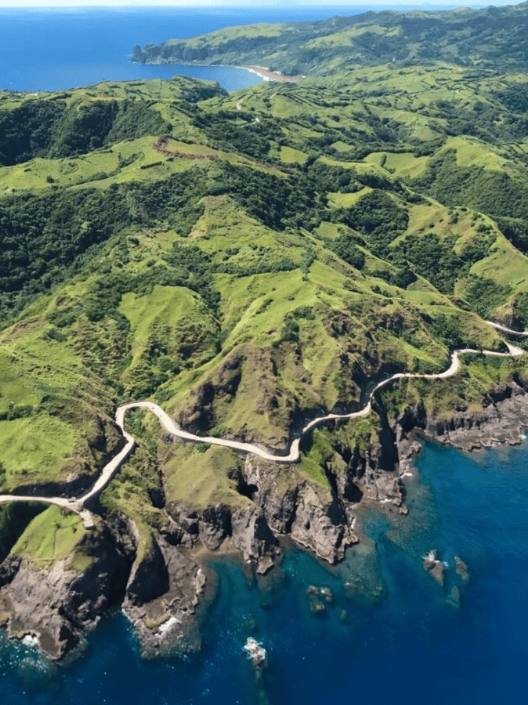 Vast green coastal landscape with winding road along cliff edge and ocean view in the distance.