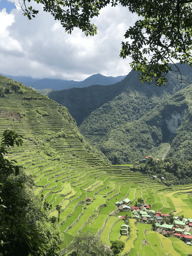 Lush green terraced rice fields in a mountainous landscape with a small village, under a cloudy sky.