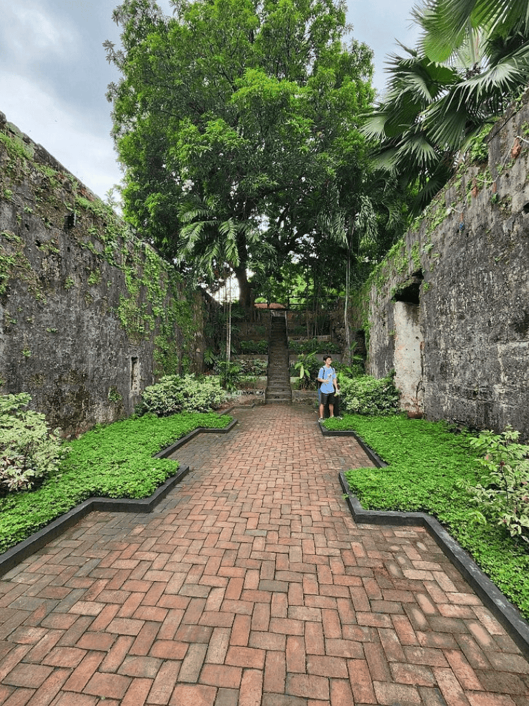 Lush green pathway surrounded by historic stone walls and vibrant foliage in a botanical garden setting.