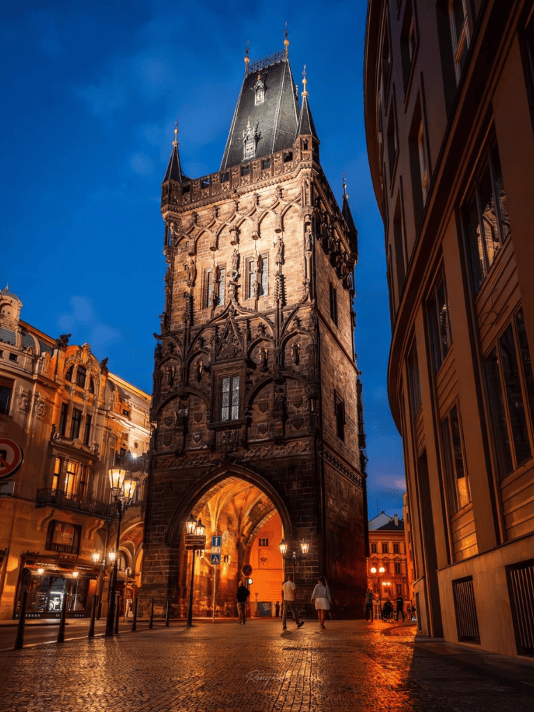 Old Town Hall Tower Prague cityscape at night.