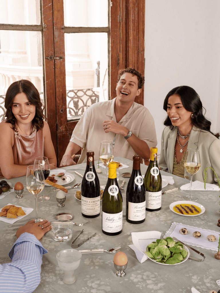 Elegant wine tasting dinner with friends at a restaurant, showcasing fine wines and gourmet food.