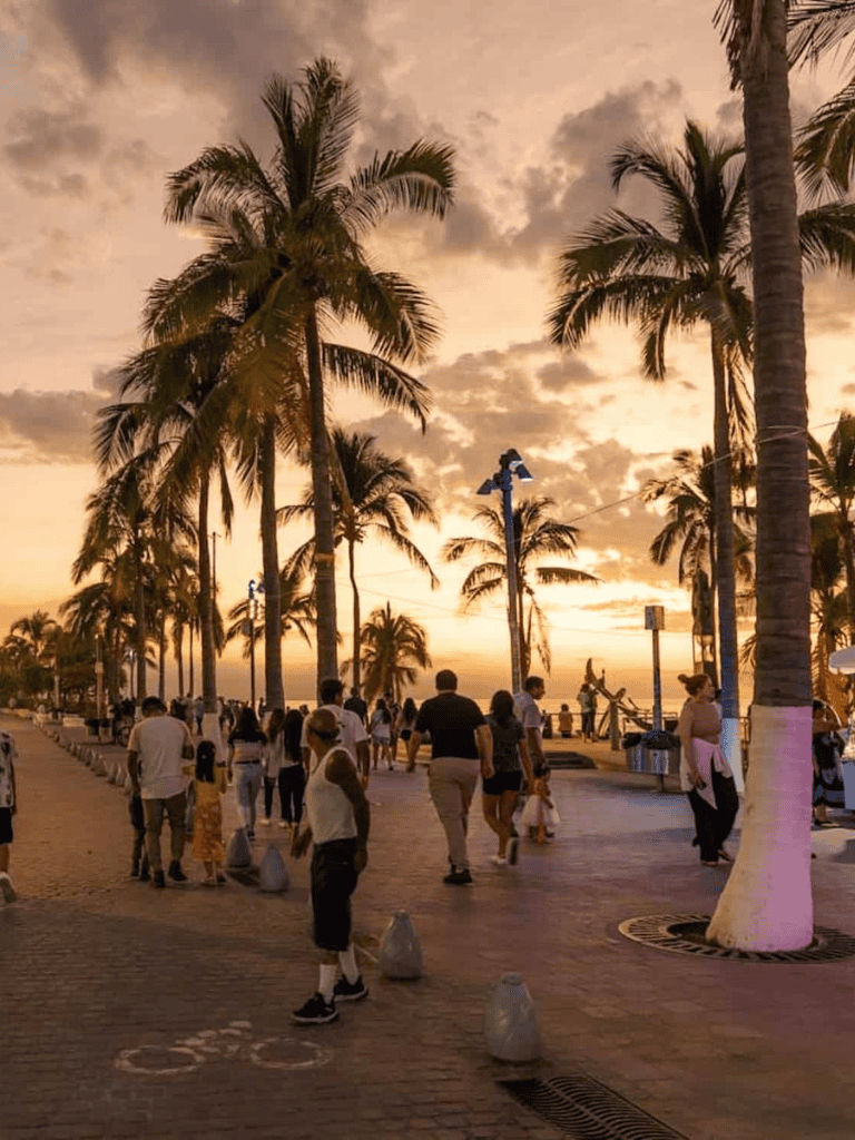 Relaxing sunset at palm-lined oceanfront promenade with tourists and locals enjoying coastal views.