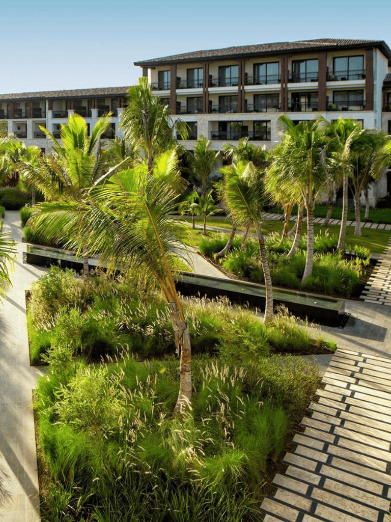 Lush tropical landscaping with palm trees at a modern resort hotel near the beach.
