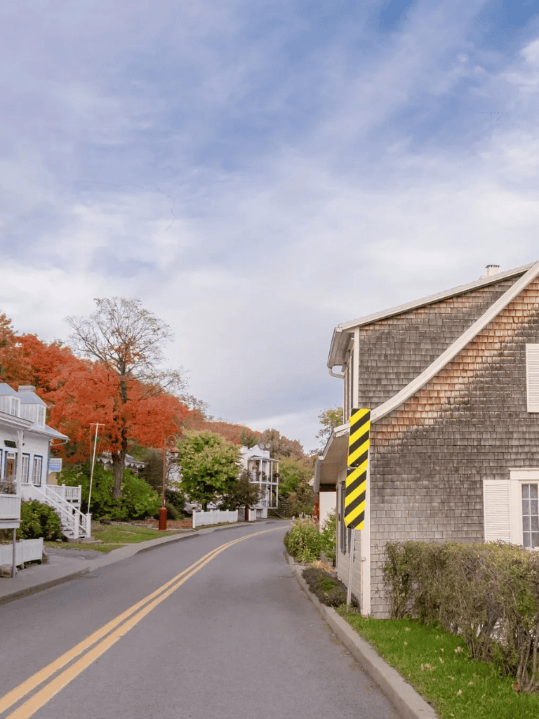 1. Narrow residential street with colorful trees and houses, peaceful neighborhood.