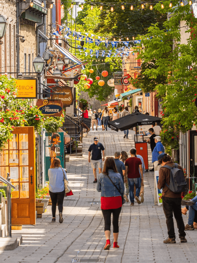 Charming pedestrian street in Quebec with shops, cafes, and vibrant decorations, perfect for exploring local culture.