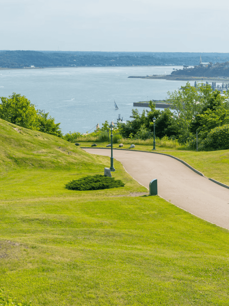 Serene riverside landscape with walking path, lush greenery, and scenic water views.