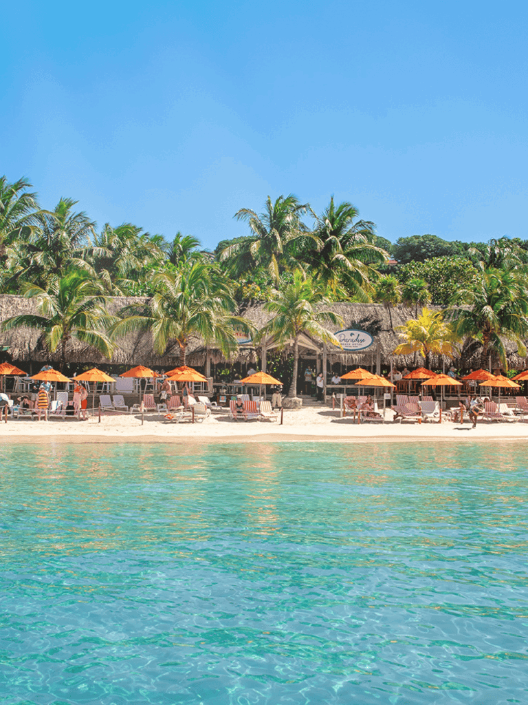 Relaxing beach resort with palm trees and orange umbrellas on pristine sands.
