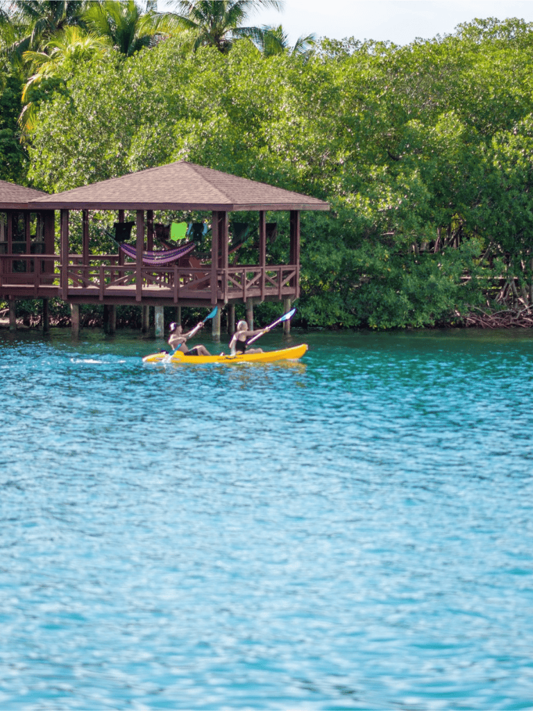 Tranquil waters with kayakers near tropical jungle, private dock with hammock.