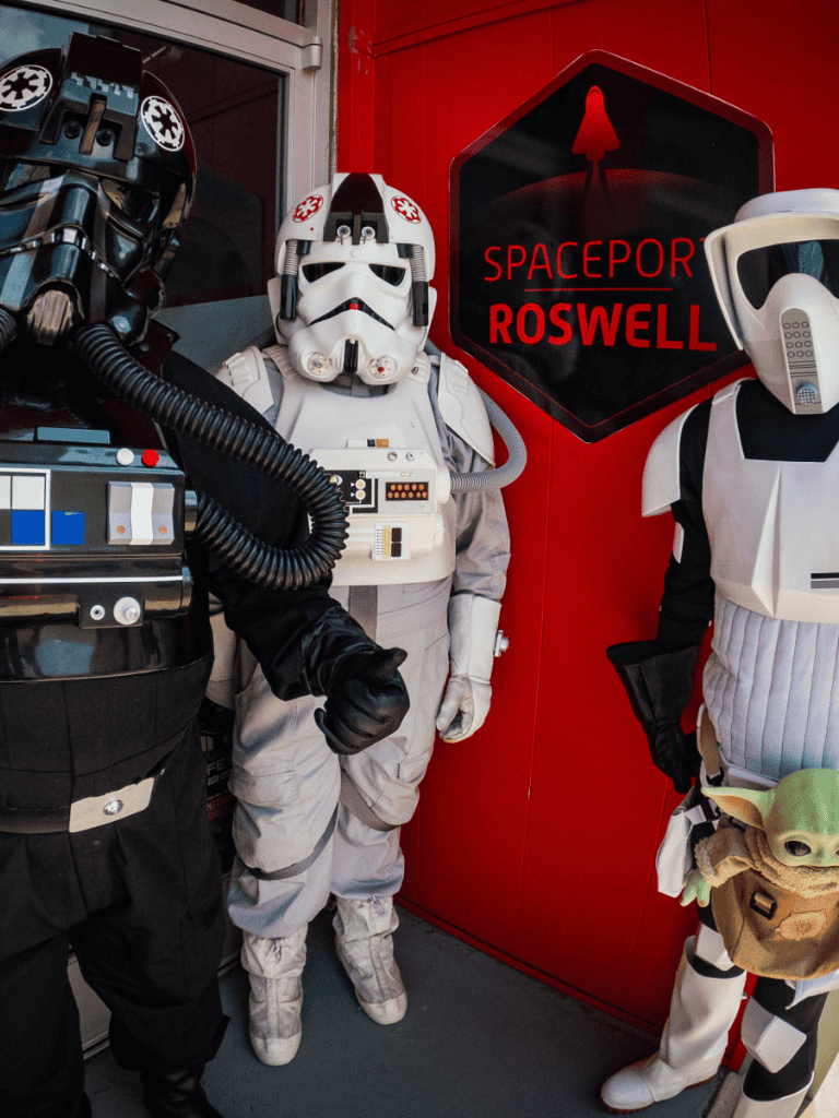 Spaceport Roswell Star Wars costumes with iconic helmets for cosplay and themed events, inspired by Star Wars universe.