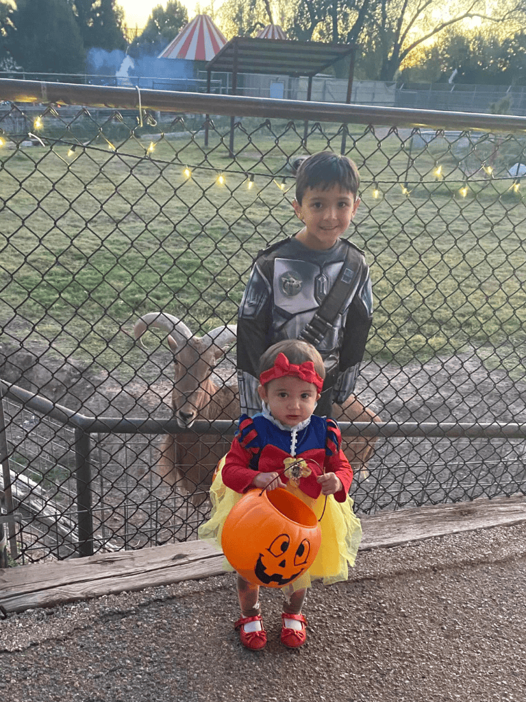 Kids dressed in Halloween costumes at a pumpkin patch, holding a pumpkin bucket, with a small goat behind a fence.