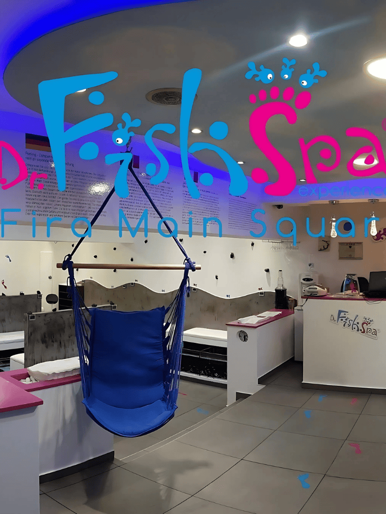 Fishi Spa interior with swinging chair at Fire Main Square, vibrant decor, and relaxing atmosphere.