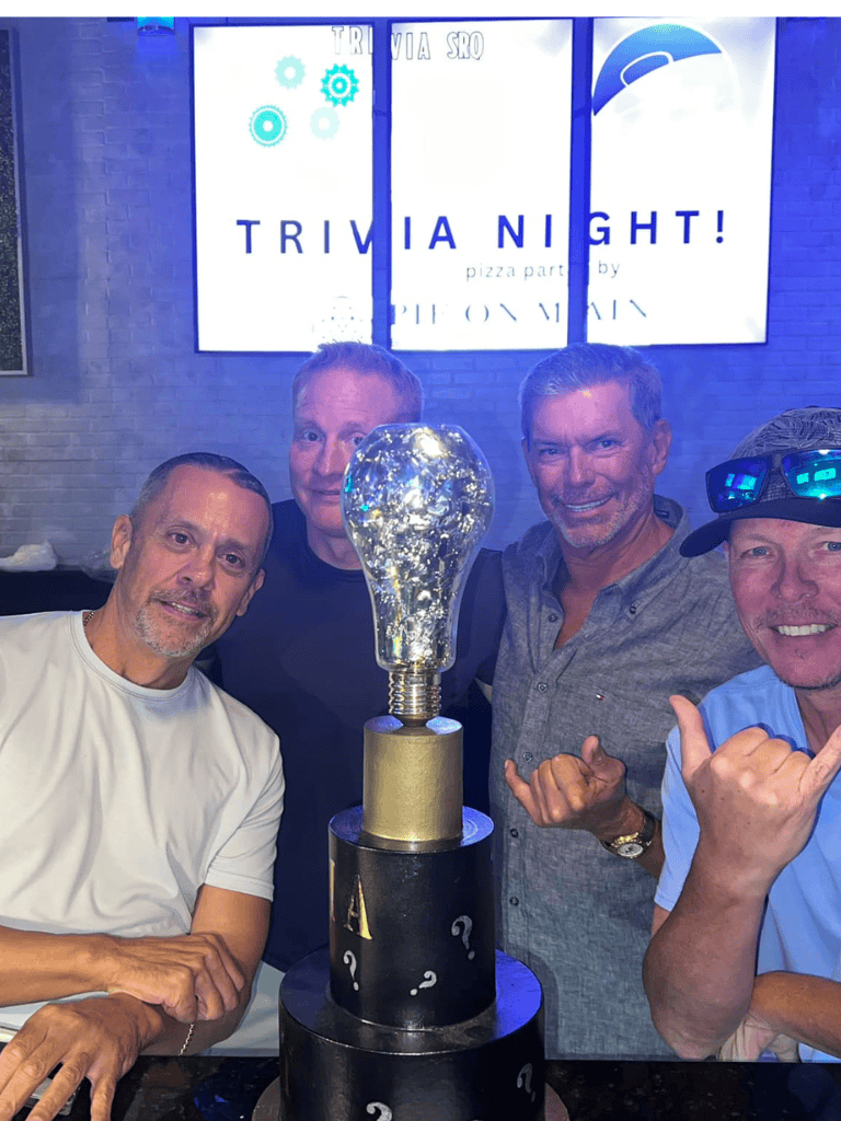 TRIVIA NIGHT at Quest For Directions with friends, engaging in fun quiz, pizza, and team challenges.
