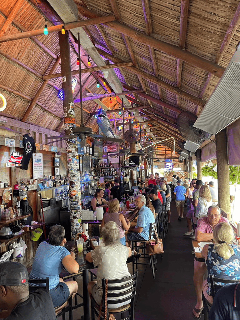 Colorful tropical bar with string lights, thatched roof, and happy patrons enjoying drinks and conversations.