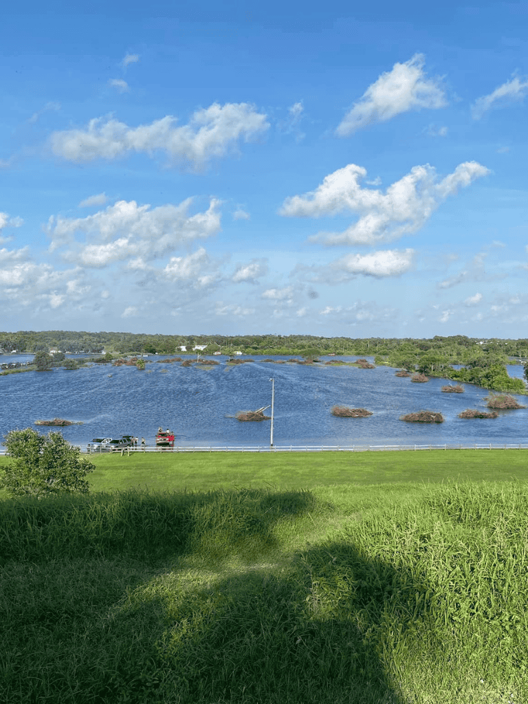 Vast waterscape with floating islands, lush greenery, blue sky, and fluffy clouds, showcasing outdoor scenery for travel and navigation.