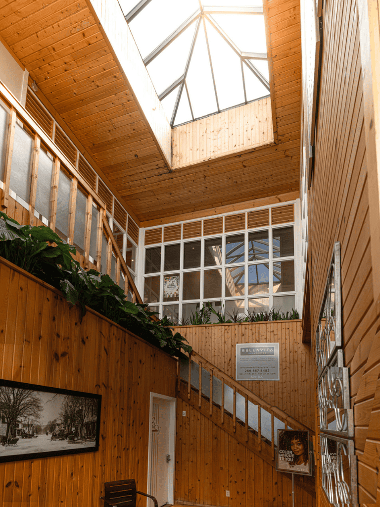 Sunny indoor atrium with wooden walls and a skylight ceiling, featuring plants and vibrant artwork.
