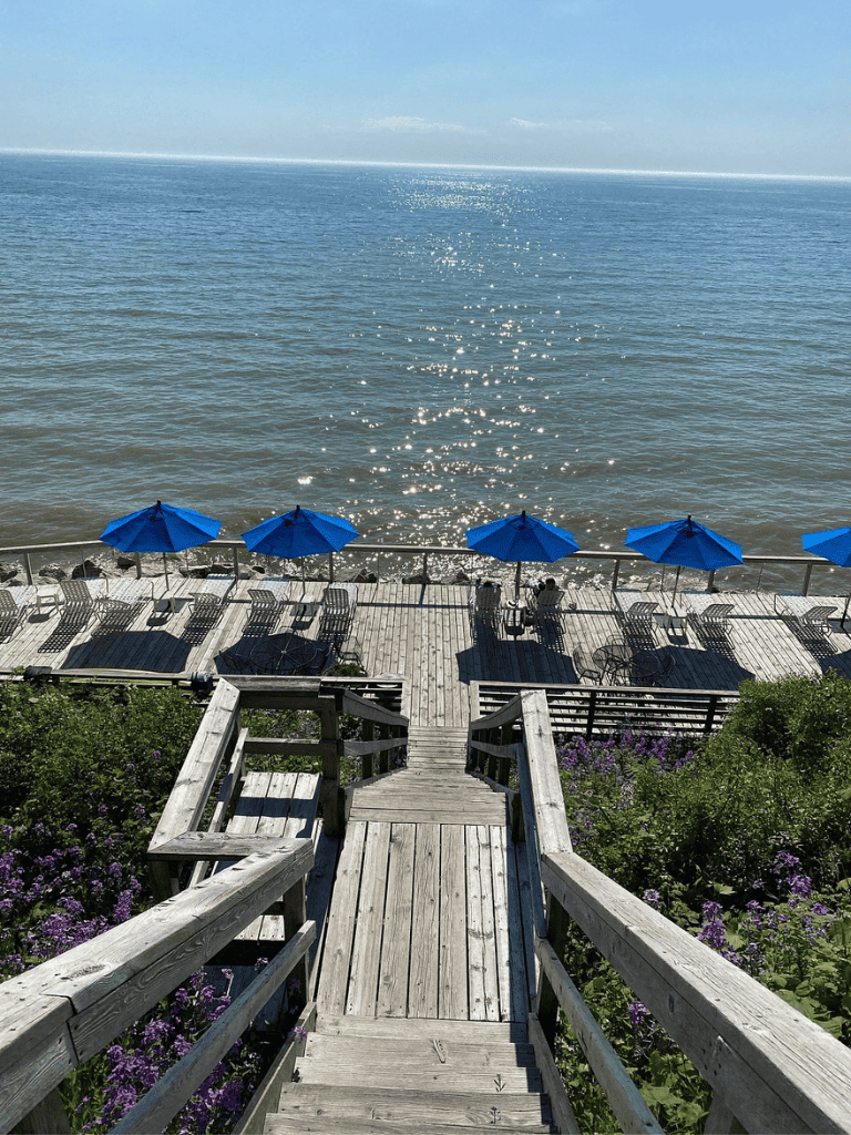 Bright blue umbrellas overlooking a calm ocean at a relaxing seaside resort.