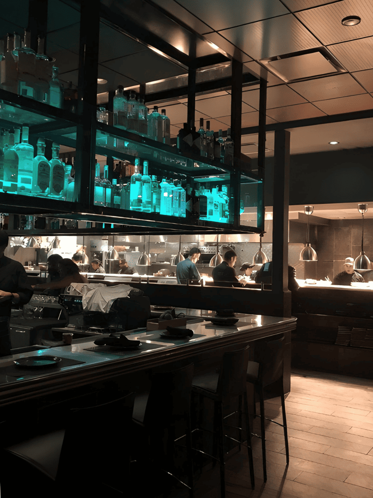 Elegant bar scene with liquor bottles illuminated in blue lighting, overlooking a busy open kitchen.
