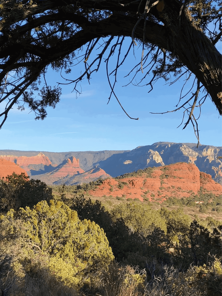 Red rock formations with desert vegetation under a clear blue sky in Sedona, Arizona.