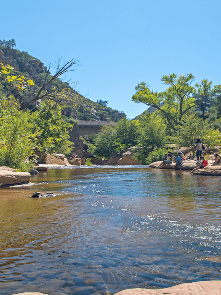 Tranquil river scene with people fishing and relaxing by lush green trees, mountain backdrop, and clear blue sky, perfect for outdoor recreation.