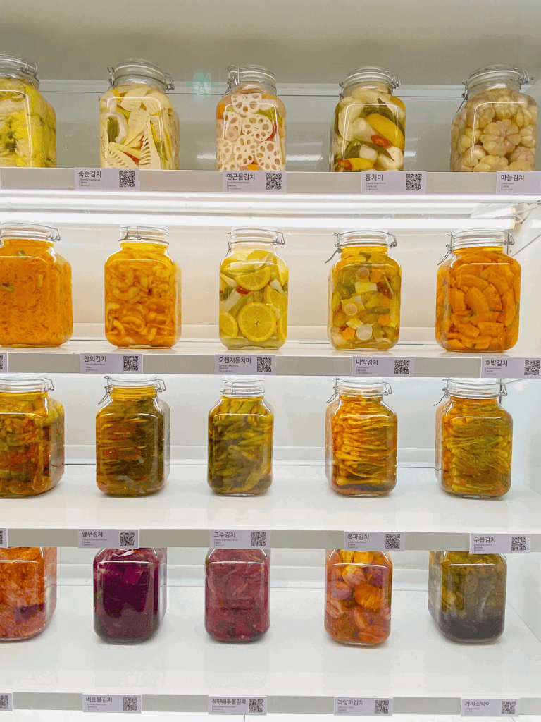 Colorful jars of traditional Korean kimchi and fermented vegetables on display at QuestForDirections.