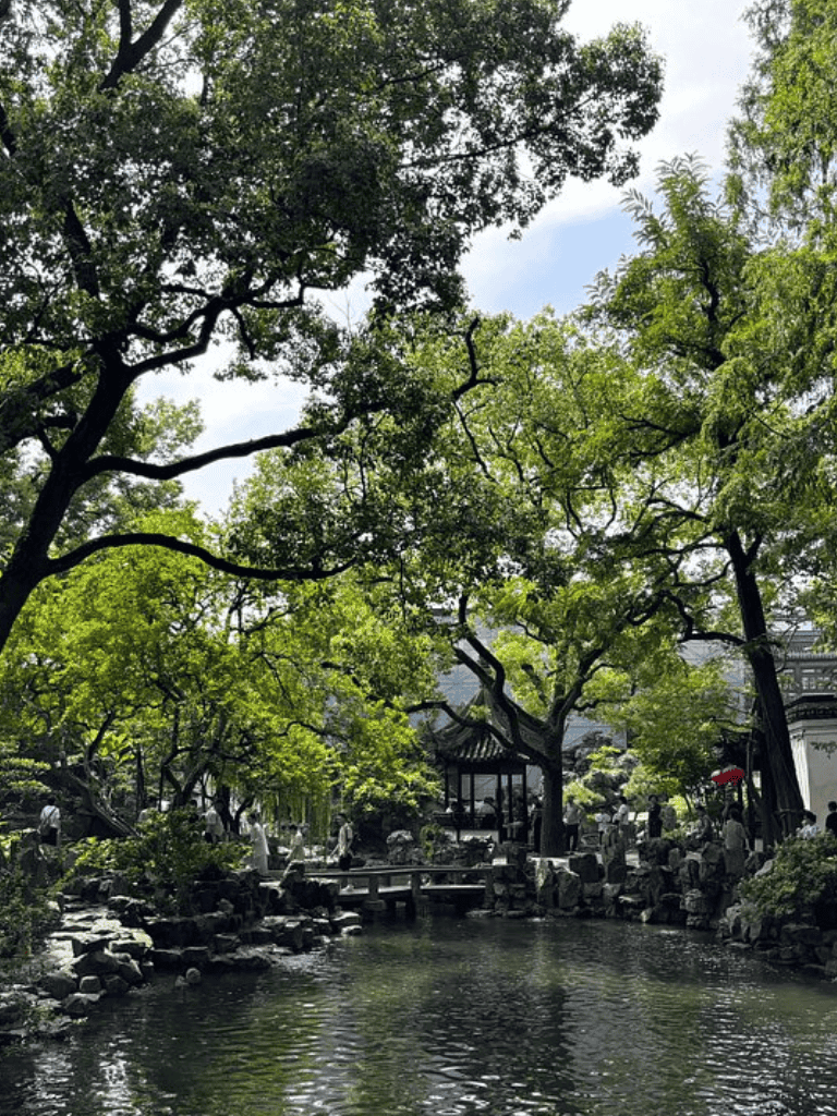 Serene garden with lush trees and pond at QuestForDirections location.