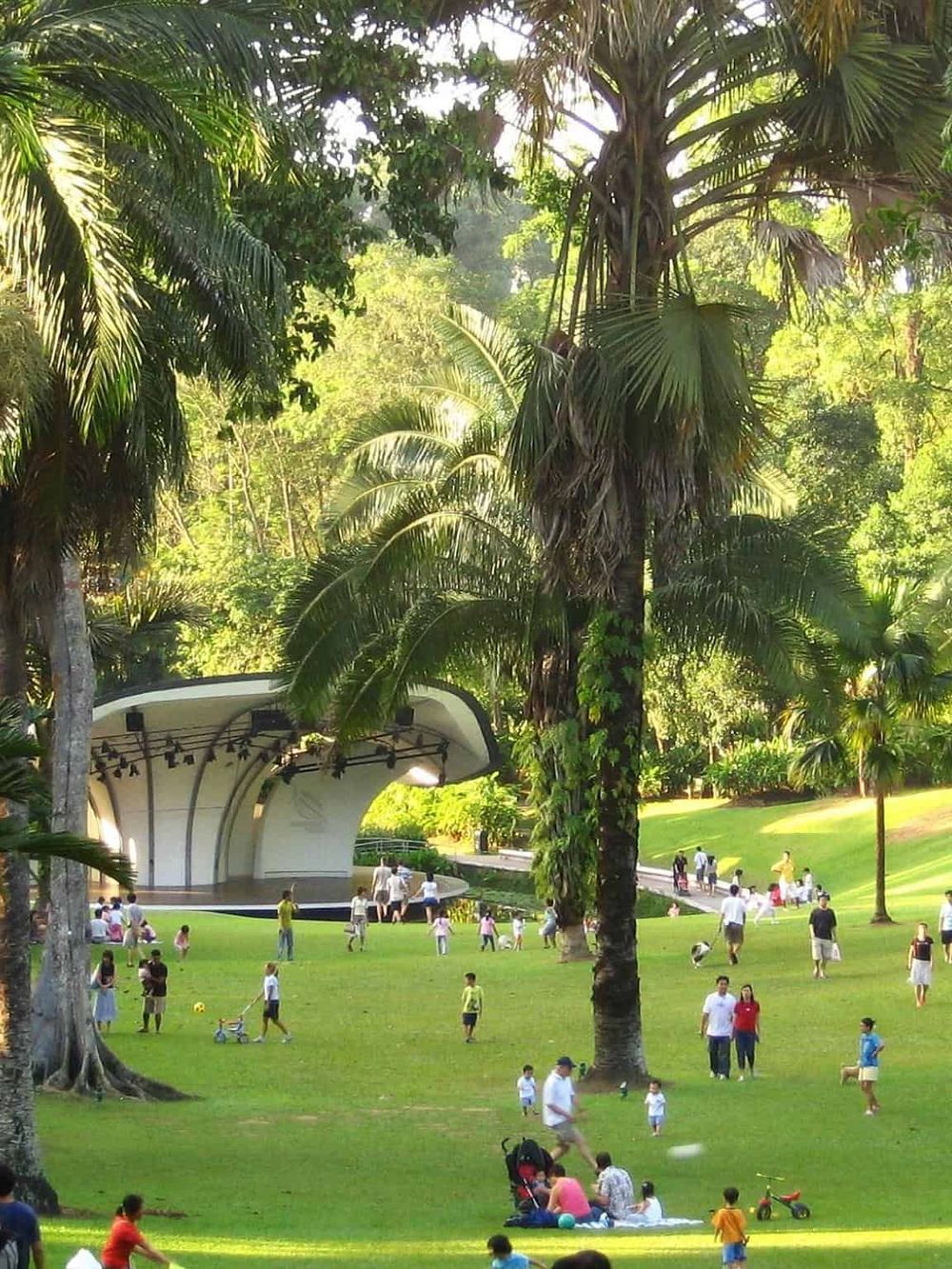 Lush green park with family activities, palm trees, and an outdoor stage for concerts or events.