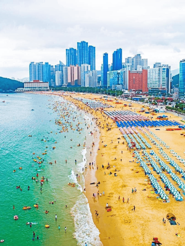 Vibrant beach scene with city skyline and colorful umbrellas on sunny day.