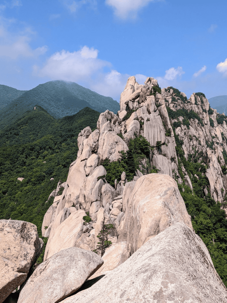 Majestic granite mountain with lush green forest and blue sky, popular for outdoor adventures and nature exploration.