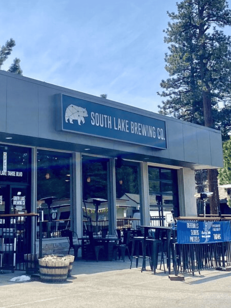 North Lake Brewing Co. outdoor patio with seating, located in South Lake Tahoe, California.