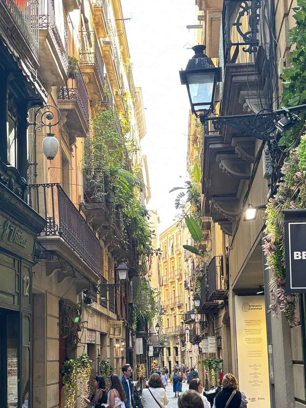 Vibrant city street with historic architecture, outdoor cafes, lush plants, and pedestrians, capturing urban exploration in Barcelona.