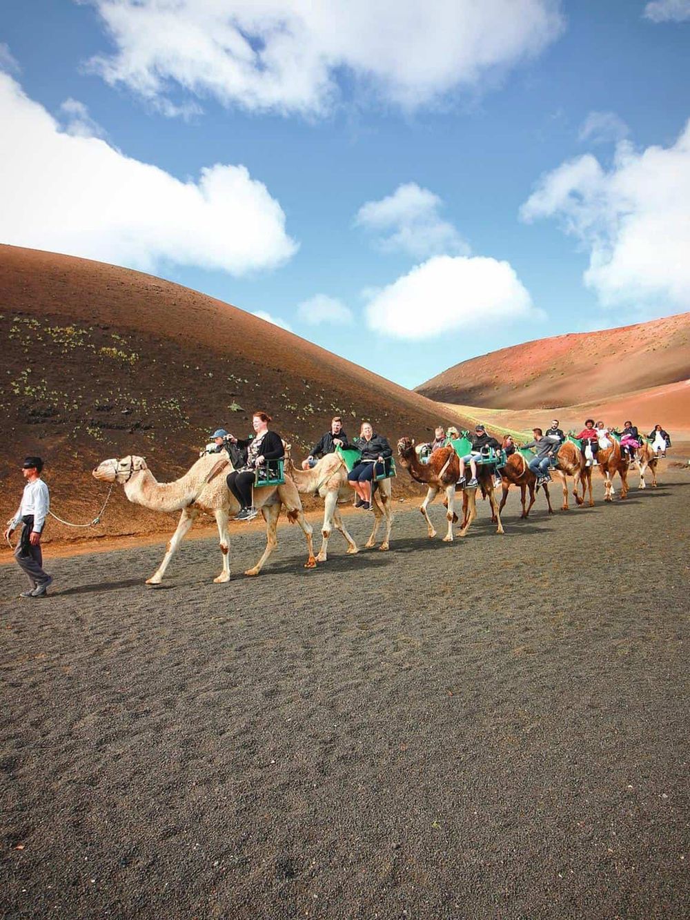 Camel riding tour in scenic desert landscape with rolling hills and blue sky.