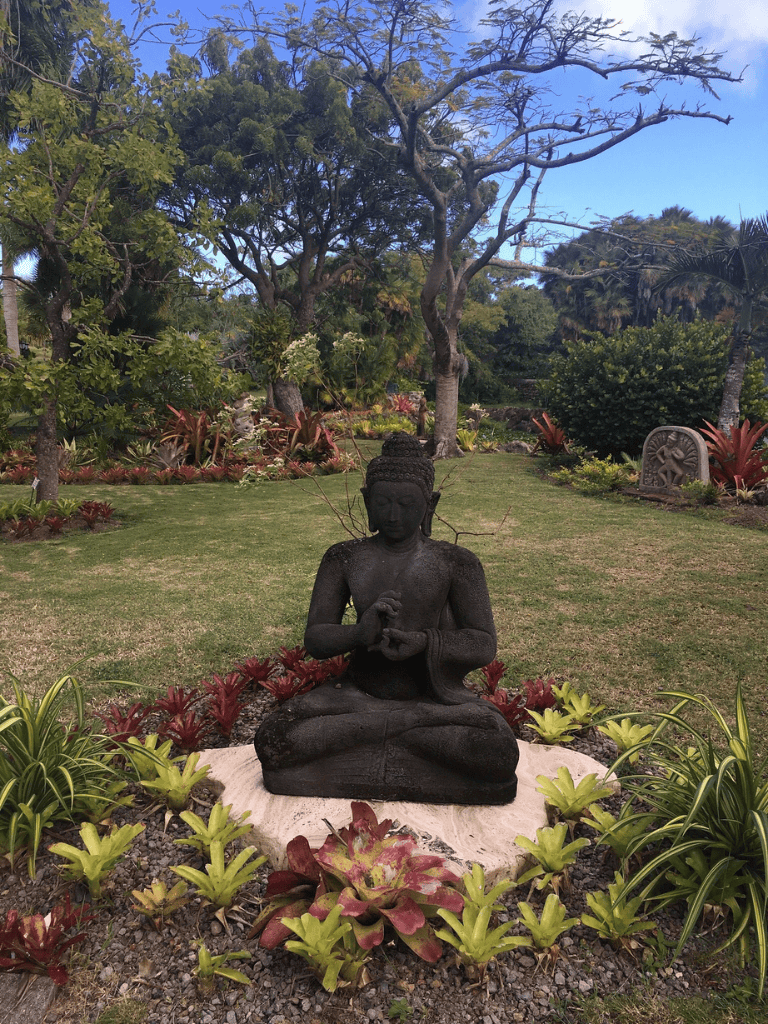 Serene Buddha statue in lush garden with colorful plants, trees, and blue sky, representing tranquility and spiritual retreat.