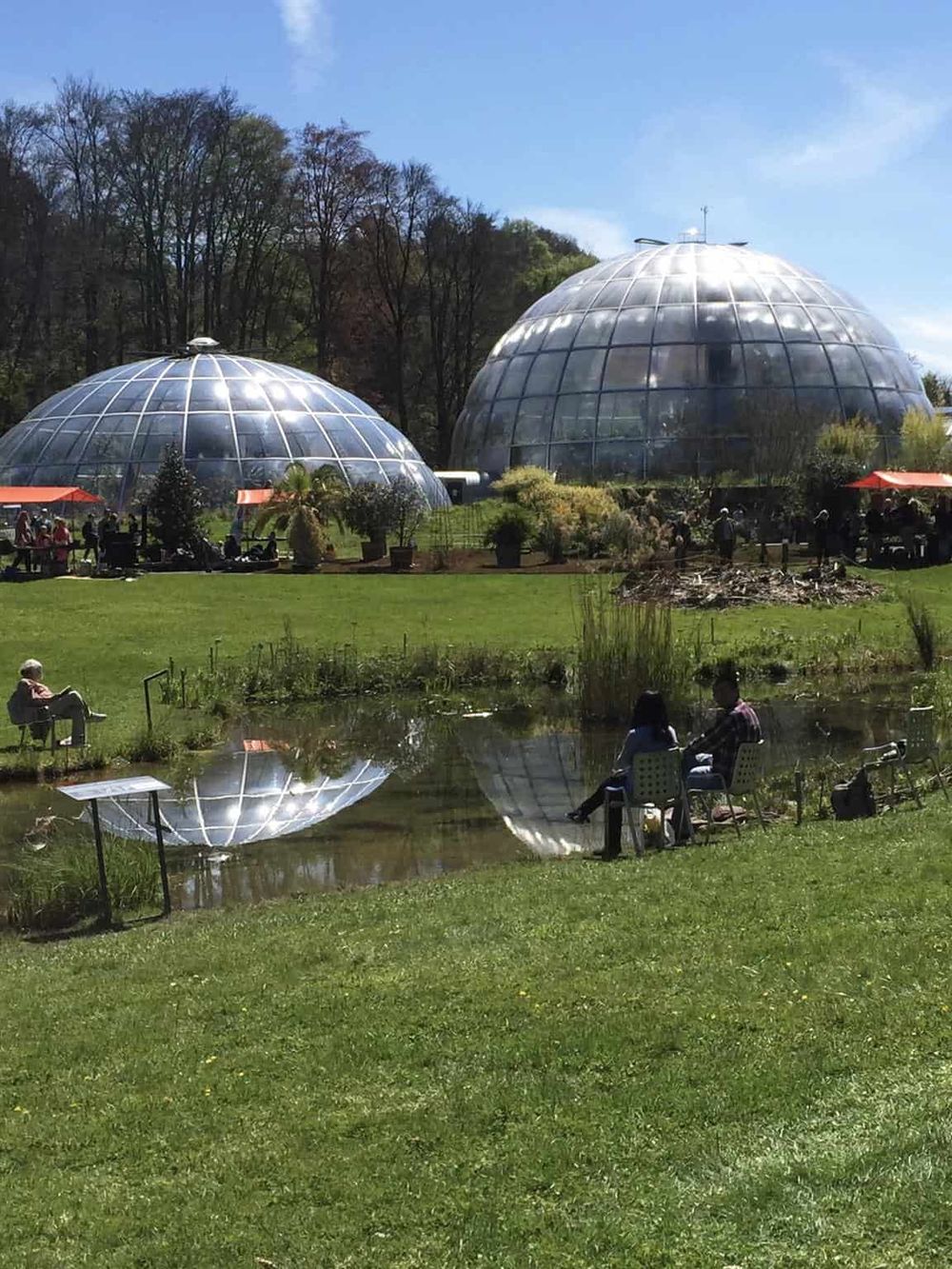 Glass geodesic domes in a lush park with visitors enjoying outdoor activities.