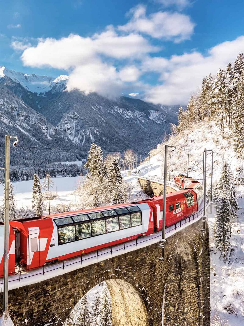 Snowy mountain train journey in Switzerland, scenic winter travel with Glacier Express.