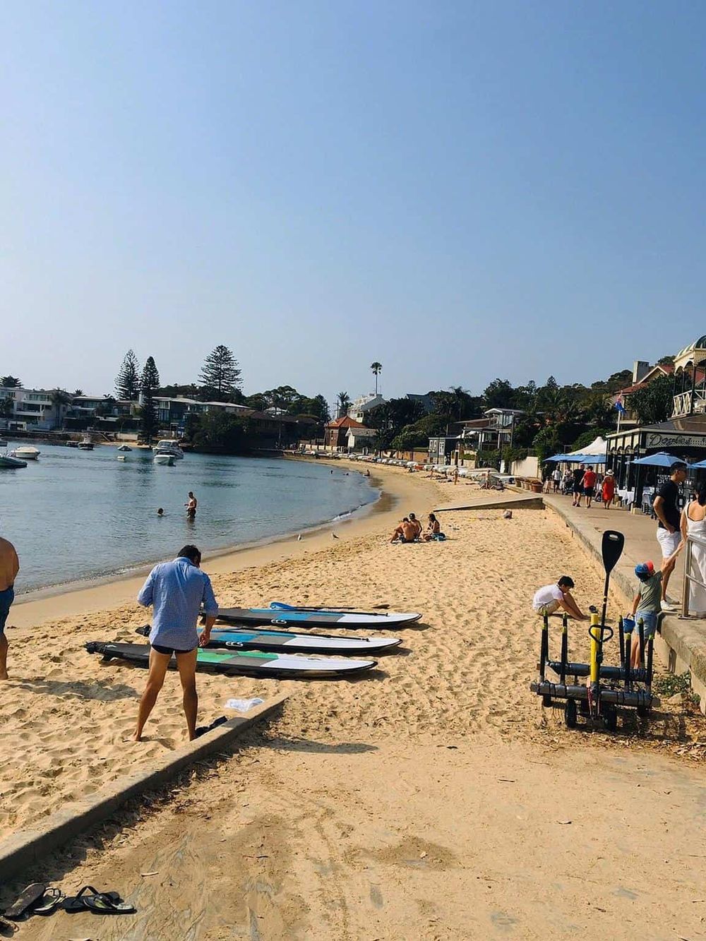 Beach and waterfront scene with paddleboards, people relaxing, and seaside houses.