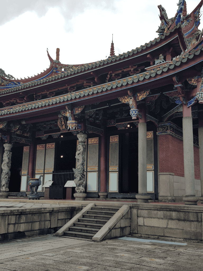 Intricate traditional Asian temple with ornate roof and carved pillars, cultural heritage site.
