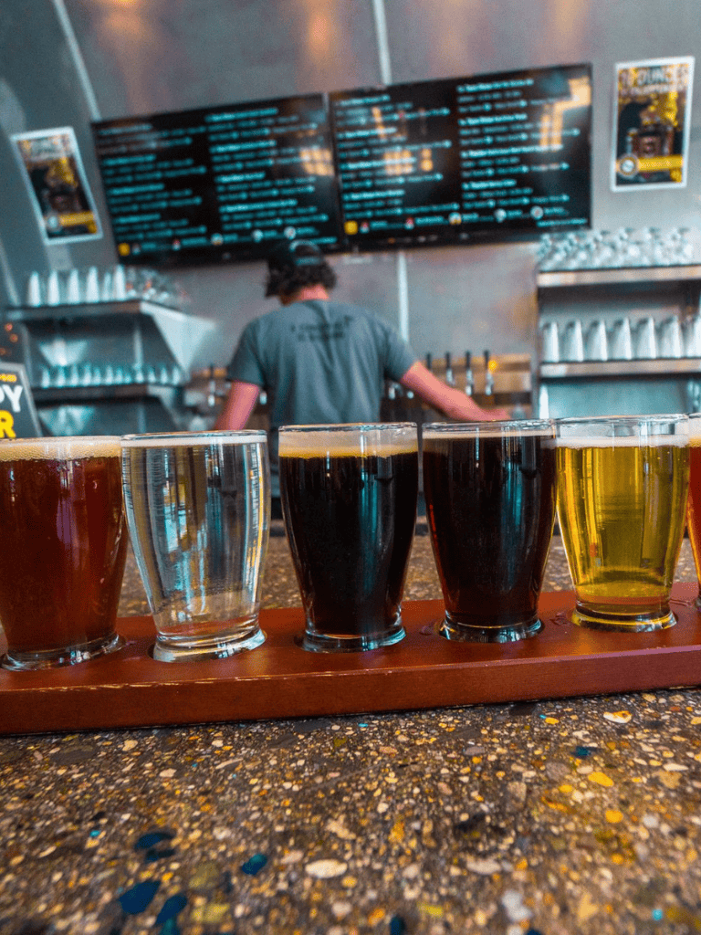Beverage flight of craft beers at a brewery bar, lineup of different beer styles on a tasting tray.