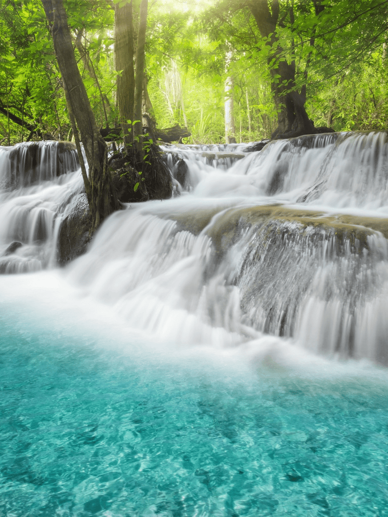 Flowing waterfall in lush green forest, tranquil natural scenery, clear water, scenic outdoor landscape.