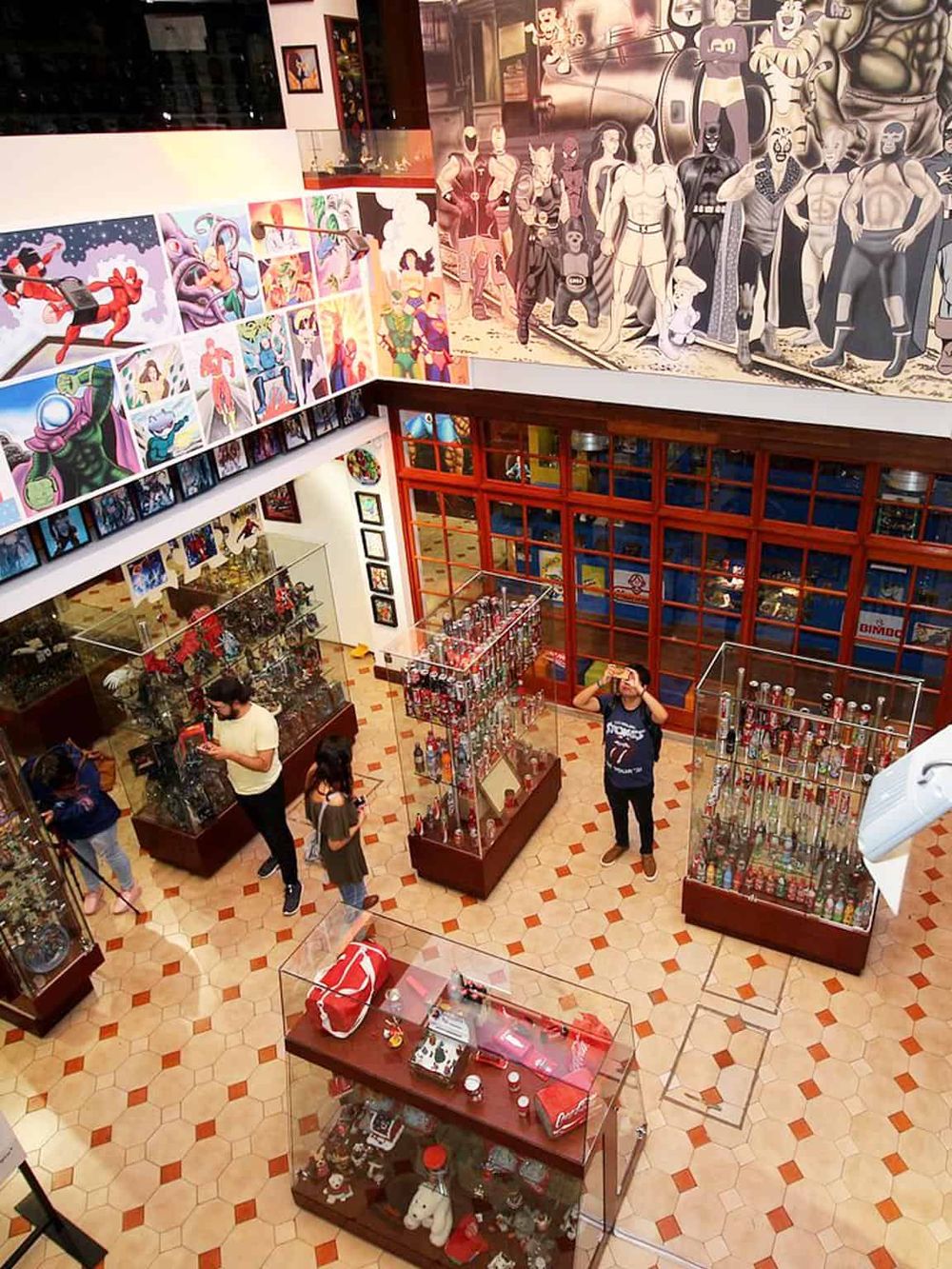 Colorful comic and superhero merchandise store interior with collectibles and artwork, perfect for toy collectors and pop culture enthusiasts.