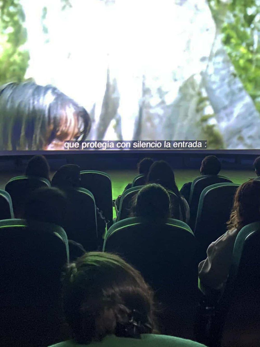 Large group watching a movie in a theater, with a nature-themed scene on screen and Spanish subtitles.