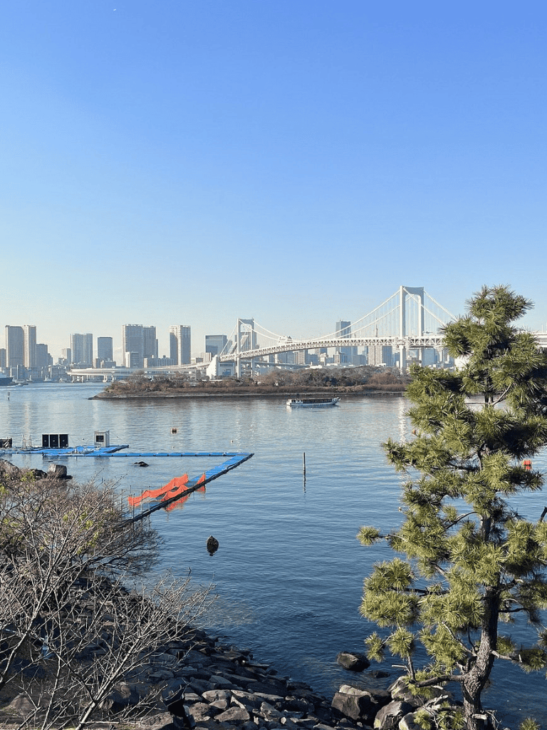 Vibrant city skyline with bridge over water in Tokyo, Japan.
